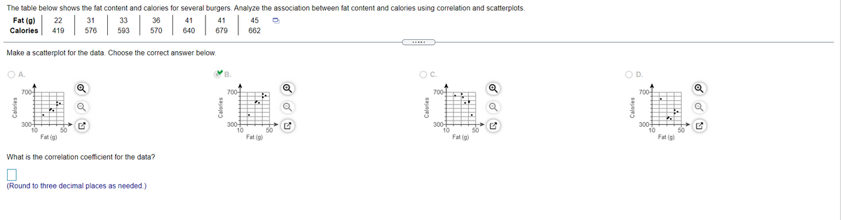 The table below shows the fat content and calories for several burgers. Analyze the association between fat content and calories using correlation and scatterplots.
Fat (g)
22
31
33
36
41
41
45
Calories
419
576
593
570
640
679
662
.....
Make a scatterplot for the data. Choose the correct answer below.
O A.
B.
OC.
OD.
700-
700-
700-
700-
300-
10
Fat (g)
300-
10
Fat (g)
300-
10
Fat (g)
300+
10
Fat (g)
What is the correlation coefficient for the data?
(Round to three decimal places as needed.)
Calories
Calories
Calories
Calories
