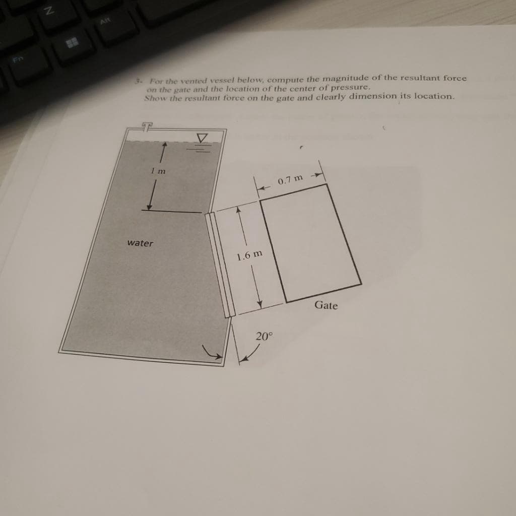 Fn
Z
Alt
3. For the vented vessel below, compute the magnitude of the resultant force
on the gate and the location of the center of pressure.
Show the resultant force on the gate and clearly dimension its location.
water
1 m
V
1.6 m
20°
0.7 m
Gate