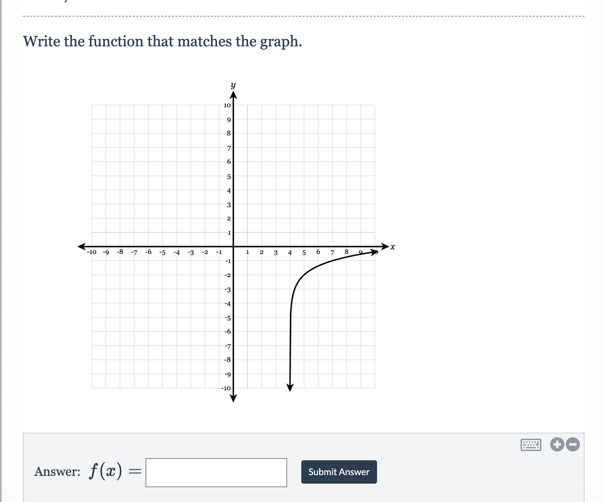 Write the function that matches the graph.
10
9
8
7
6.
4
3
-10
-9
-8
-6
-5
-4
-3
-2
-1
1
2
7
8
-1
-2
-4
-5
-6
-7
-8
-9
-10
Answer: f(x) =
Submit Answer
LO
3.
