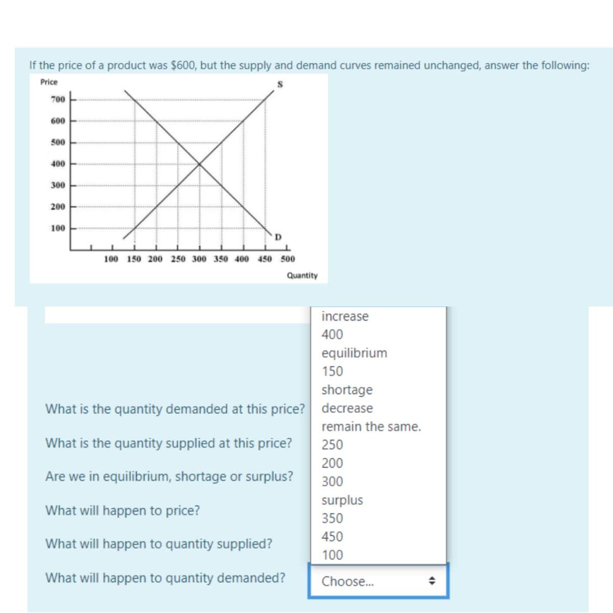 If the price of a product was $600, but the supply and demand curves remained unchanged, answer the following:
Price
S
700
600
500
400
300
200
100
D
100 150 200 250 300 350 400 450 500
Quantity
What is the quantity demanded at this price?
What is the quantity supplied at this price?
Are we in equilibrium, shortage or surplus?
What will happen to price?
What will happen to quantity supplied?
What will happen to quantity demanded?
increase
400
equilibrium
150
shortage
decrease
remain the same.
250
200
300
surplus
350
450
100
Choose...