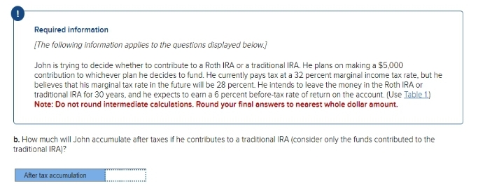 Required information
[The following information applies to the questions displayed below.]
John is trying to decide whether to contribute to a Roth IRA or a traditional IRA. He plans on making a $5,000
contribution to whichever plan he decides to fund. He currently pays tax at a 32 percent marginal income tax rate, but he
believes that his marginal tax rate in the future will be 28 percent. He intends to leave the money in the Roth IRA or
traditional IRA for 30 years, and he expects to earn a 6 percent before-tax rate of return on the account. (Use Table 1.)
Note: Do not round intermediate calculations. Round your final answers to nearest whole dollar amount.
b. How much will John accumulate after taxes if he contributes to a traditional IRA (consider only the funds contributed to the
traditional IRA)?
After tax accumulation