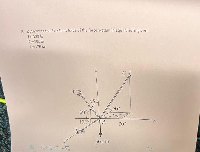 2. Determine the Resultant force of the force system in equilibrium given:
Fe=139 lb
Fc=203 lb
Fo=176 lb
D
45°
60°
60°
120°,
A
30°
B
300 lb
