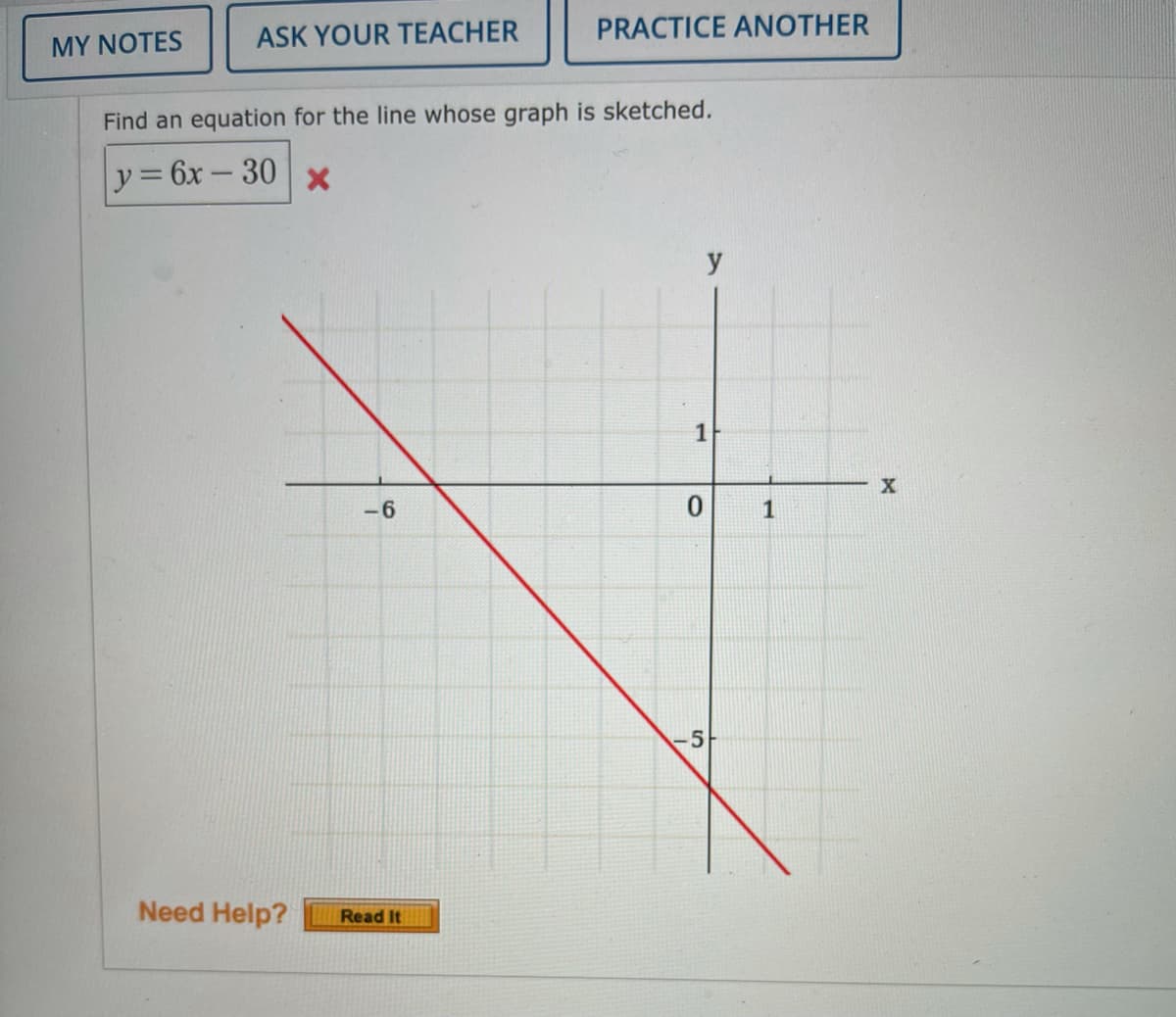 ASK YOUR TEACHER
PRACTICE ANOTHER
MY NOTES
Find an equation for the line whose graph is sketched.
y= 6x-30
1
-6
1
-5
Need Help?
Read It
