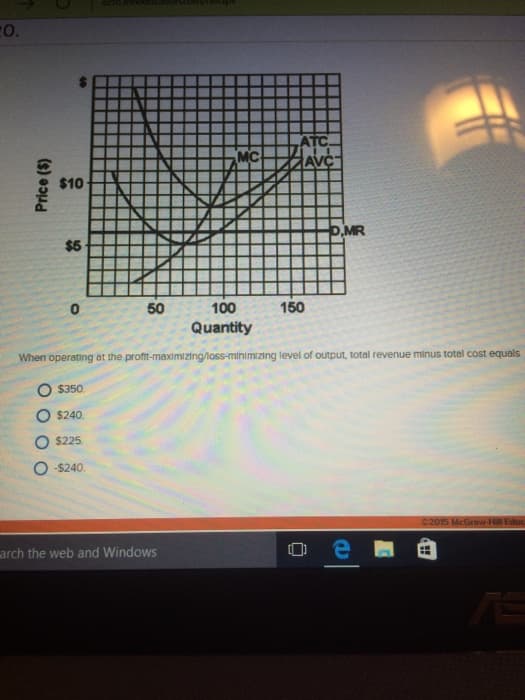 20.
Price (5)
$10
$5
0
50
$350.
$240.
O $225.
O-$240.
MC
arch the web and Windows
100
Quantity
ATC
ZAVC
150
When operating at the profit-maximizing/loss-minimizing level of output, total revenue minus total cost equals
-D,MR
e
2015 McGraw-Hill Educa