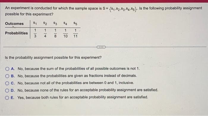 An experiment is conducted for which the sample space is S = (S₁,S2,S3,S4,S5). Is the following probability assignment
possible for this experiment?
Outcomes
Probabilities
S₁ $2
1
1
3
-
4
$3 S4 $5
1
1
8
10 11
1.
***
Is the probability assignment possible for this experiment?
O A. No, because the sum of the probabilities of all possible outcomes is not 1.
B. No, because the probabilities are given as fractions instead of decimals.
OC. No, because not all of the probabilities are between 0 and 1, inclusive.
D. No, because none of the rules for an acceptable probability assignment are satisfied.
OE. Yes, because both rules for an acceptable probability assignment are satisfied.