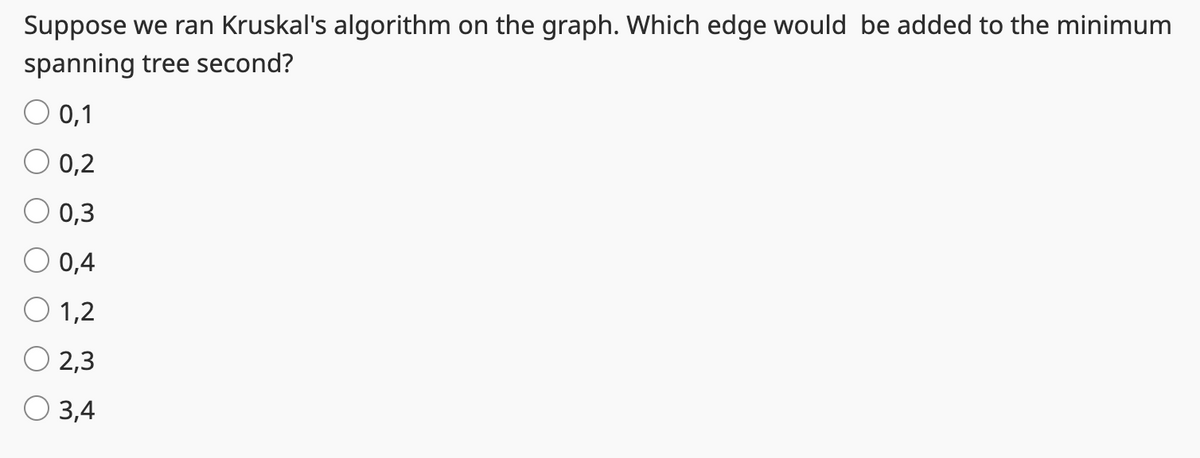 Suppose we ran Kruskal's algorithm on the graph. Which edge would be added to the minimum
spanning tree second?
O 0,1
0,2
0,3
0,4
1,2
2,3
3,4