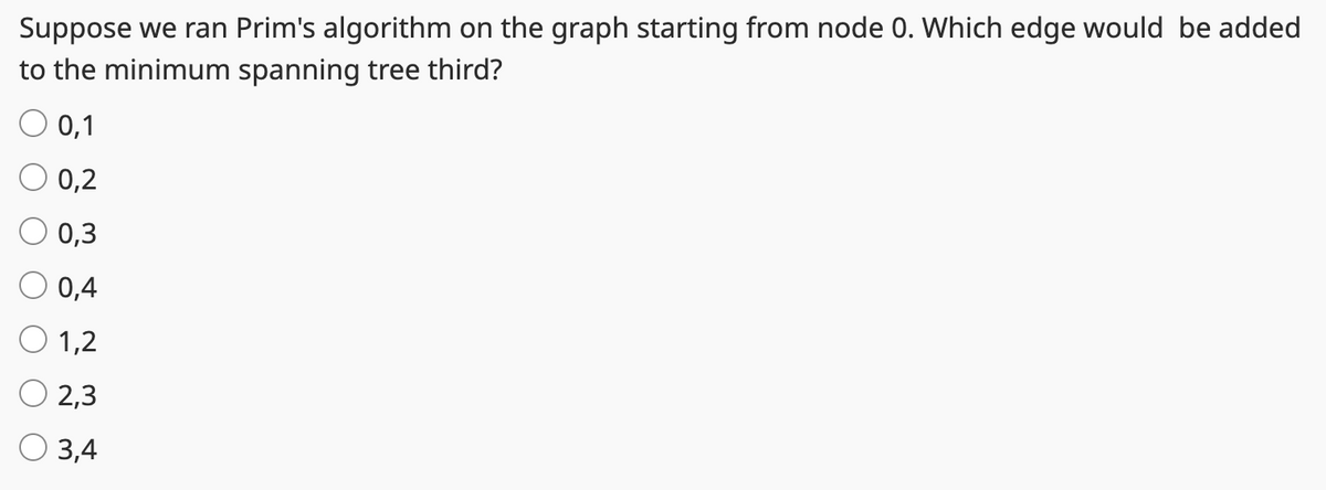 Suppose we ran Prim's algorithm on the graph starting from node 0. Which edge would be added
to the minimum spanning tree third?
0,1
O 0,2
O 0,3
O 0,4
O 1,2
O 2,3
3,4
