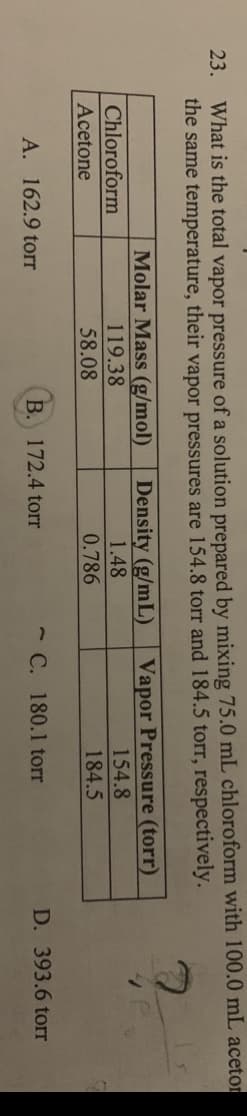 23.
What is the total vapor pressure of a solution prepared by mixing 75.0 mL chloroform with 100.0 mL aceton
the same temperature, their vapor pressures are 154.8 torr and 184.5 torr, respectively.
Chloroform
Acetone
Molar Mass (g/mol) Density (g/mL) Vapor Pressure (torr)
119.38
154.8
58.08
184.5
A. 162.9 torr
B. 172.4 torr
1.48
0.786
C. 180.1 torr
D. 393.6 torr