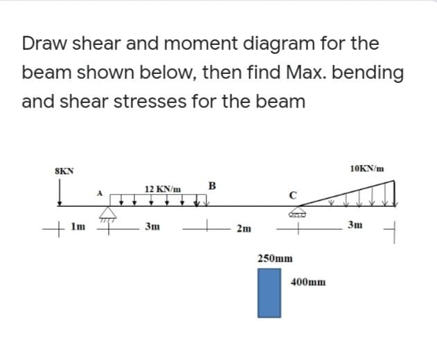 Draw shear and moment diagram for the
beam shown below, then find Max. bending
and shear stresses for the beam
8KN
10KN/m
12 KN/m
в
C
Im
3m
2m
3m
250mm
400mm
