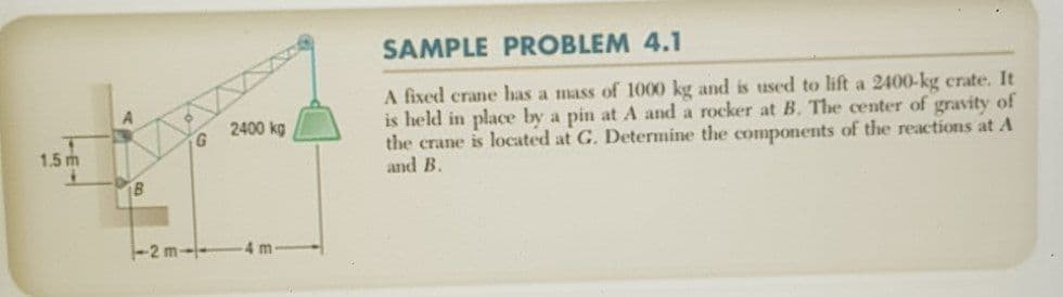 SAMPLE PROBLEM 4.1
A fixed crane has a mass of 1000 kg and is used to lift a 2400-kg crate. It
is held in place by a pin at A and a rocker at B. The center of gravity of
the crane is located at G. Determine the components of the reactions at A
and B.
2400 kg
1.5 m
-2 m-
4 m
