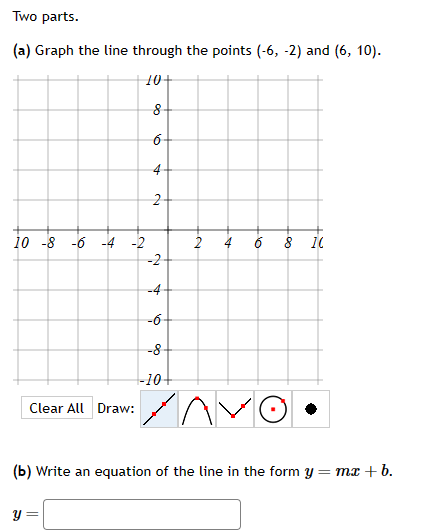 Two parts.
(a) Graph the line through the points (-6, -2) and (6, 10).
10-
8
10 -8 -6 -4 -2
Clear All Draw:
16
y =
4
2
-2-
-4-
-6-
-8-
-10-
2
16
8 10
(b) Write an equation of the line in the form y = mx + b.