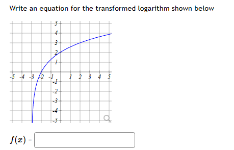 Write an equation for the transformed logarithm shown below
5
4
3
f(x) =
24
1
-5 -4 -3 -2 -1
-1
-2
-3
-4
-5
1 2 3 4 5
12