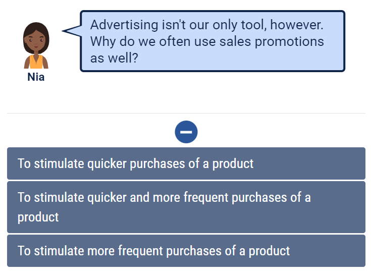 Advertising isn't our only tool, however.
Why do we often use sales promotions
as well?
Nia
To stimulate quicker purchases of a product
To stimulate quicker and more frequent purchases of a
product
To stimulate more frequent purchases of a product
