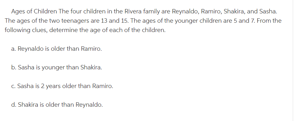 Ages of Children The four children in the Rivera family are Reynaldo, Ramiro, Shakira, and Sasha.
The ages of the two teenagers are 13 and 15. The ages of the younger children are 5 and 7. From the
following clues, determine the age of each of the children.
a. Reynaldo is older than Ramiro.
b. Sasha is younger than Shakira.
c. Sasha is 2 years older than Ramiro.
d. Shakira is older than Reynaldo.
