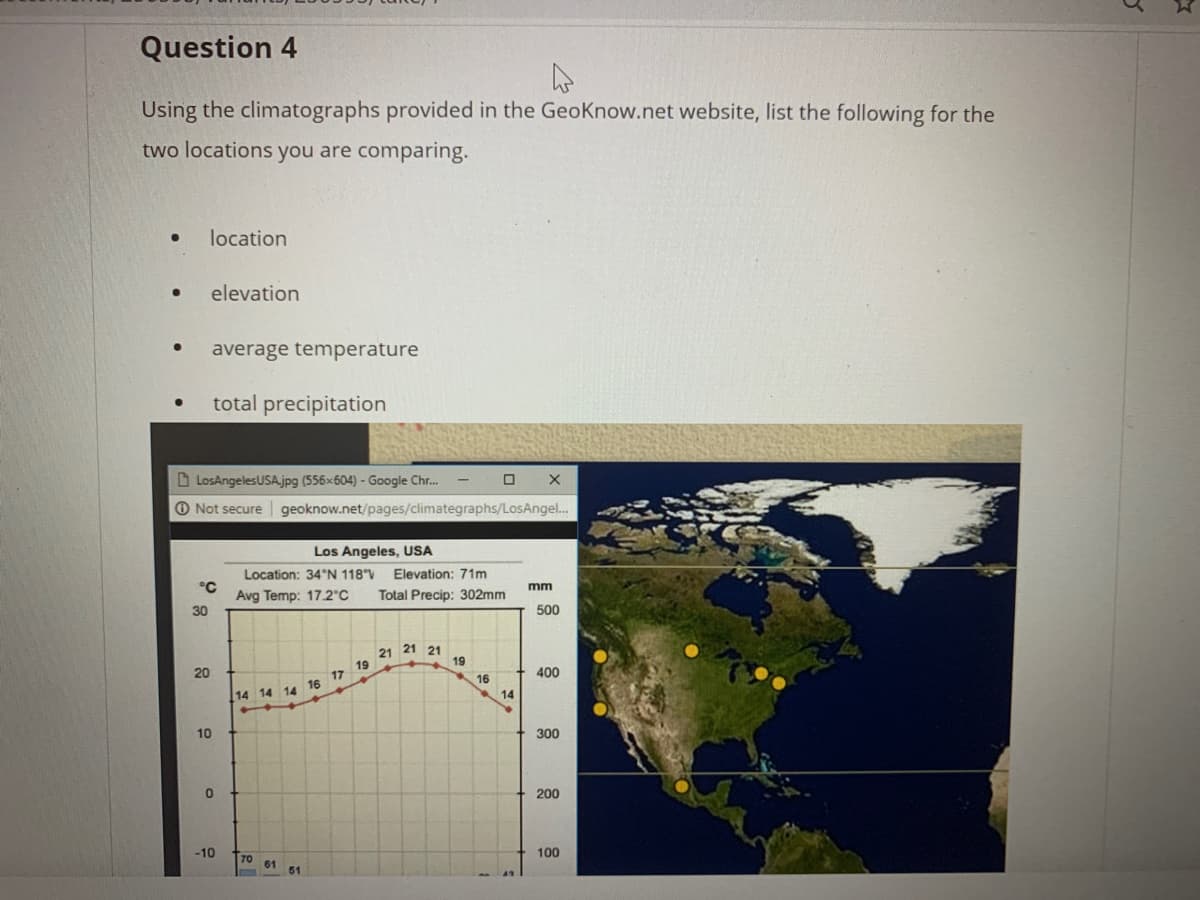 Question 4
Using the climatographs provided in the GeoKnow.net website, list the following for the
two locations you are comparing.
location
elevation
average temperature
total precipitation
D LosAngelesUSA.jpg (556x604) - Google Chr.
O Not secure
geoknow.net/pages/climategraphs/LosAngel...
Los Angeles, USA
Location: 34°N 118"V
Elevation: 71m
°C
Avg Temp: 17.2°C
mm
Total Precip: 302mm
30
500
21 21 21
19
19
20
17
400
16
14 14 14 16
14
10
300
200
-10
100
70
61
51
