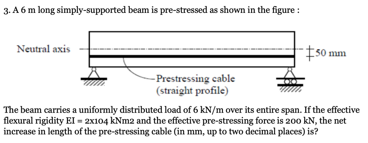 3. A 6 m long simply-supported beam is pre-stressed as shown in the figure :
Neutral axis
I50 mm
Prestressing cable
(straight profile)
The beam carries a uniformly distributed load of 6 kN/m over its entire span. If the effective
flexural rigidity EI = 2x104 kNm2 and the effective pre-stressing force is 200 kN, the net
increase in length of the pre-stressing cable (in mm, up to two decimal places) is?
%3D
