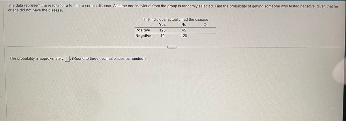 The data represent the results for a test for a certain disease. Assume one individual from the group is randomly selected. Find the probability of getting someone who tested negative, given that he
or she did not have the disease.
The probability is approximately
The individual actually had the disease
Yes
No
125
45
10
120
Positive
Negative
(Round to three decimal places as needed.)