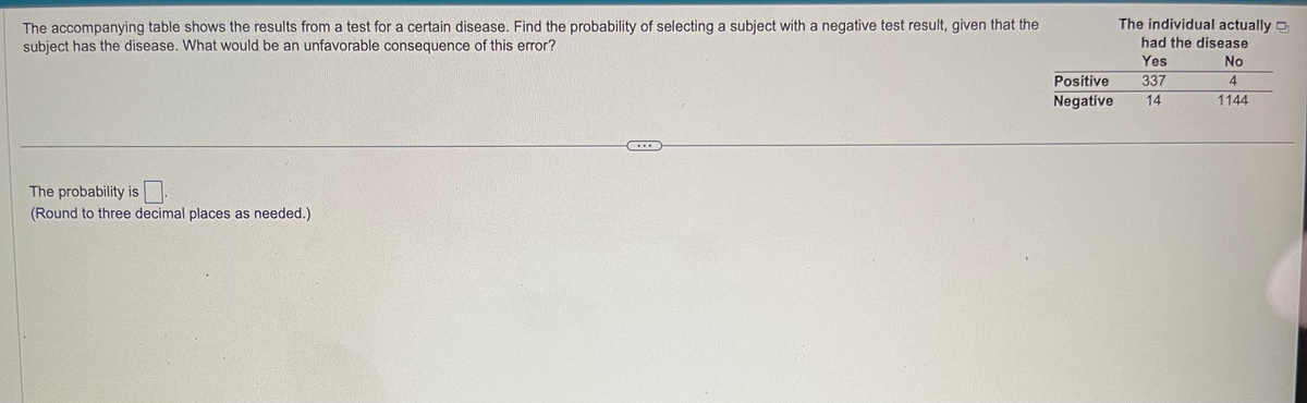 The accompanying table shows the results from a test for a certain disease. Find the probability of selecting a subject with a negative test result, given that the
subject has the disease. What would be an unfavorable consequence of this error?
The probability is
(Round to three decimal places as needed.)
Positive
Negative
The individual actually
had the disease
Yes
337
14
No
4
1144