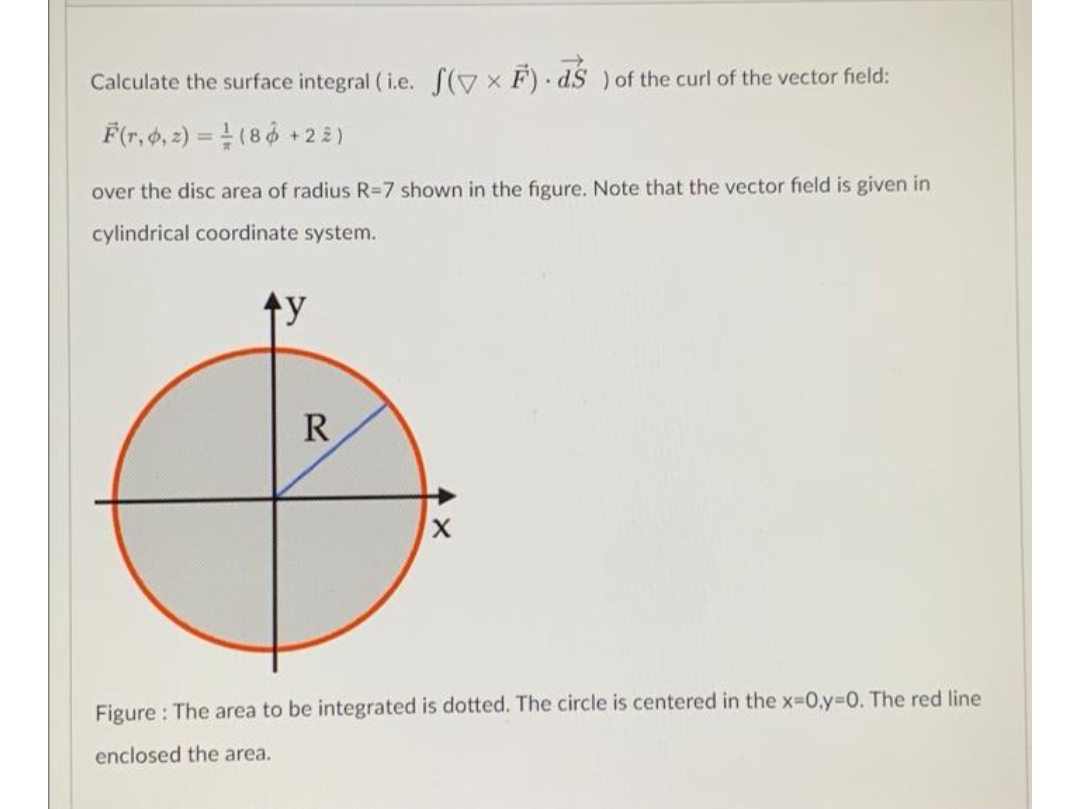 Calculate the surface integral (i.e. f(V x F) dS ) of the curl of the vector field:
F(r, 6, 2) = (86 +2 2)
over the disc area of radius R=7 shown in the figure. Note that the vector field is given in
cylindrical coordinate system.
R
Figure : The area to be integrated is dotted. The circle is centered in the X3D0,y%3D0. The red line
enclosed the area.
