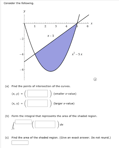 Consider the following.
y
2
3
4
X-5
*-5 x
-4
(a) Find the points of intersection of the curves.
(х, у) -
(smaller x-value)
(х, у) -
(larger x-value)
(b) Form the integral that represents the area of the shaded region.
dx
(c) Find the area of the shaded region. (Give an exact answer. Do not round.)
