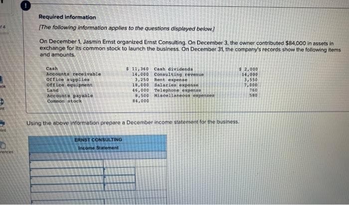 (4
pok
int
wint
rences
Required information
[The following information applies to the questions displayed below.]
On December 1, Jasmin Ernst organized Ernst Consulting. On December 3, the owner contributed $84,000 in assets in
exchange for its common stock to launch the business. On December 31, the company's records show the following items
and amounts.
Cash
Accounts receivable
office supplies
office equipment
Land
Accounts payable
Common stock
$ 11,360 Cash dividenda
14,000 Consulting revenue
3,250 Rent expense
18,000 Salaries expense
46,000 Telephone expense
ERNST CONSULTING
Income Statement
8,500 Miscellaneous expennen
84,000
$2,000
14,000
3,550
7,000
Using the above information prepare a December income statement for the business.
760
580