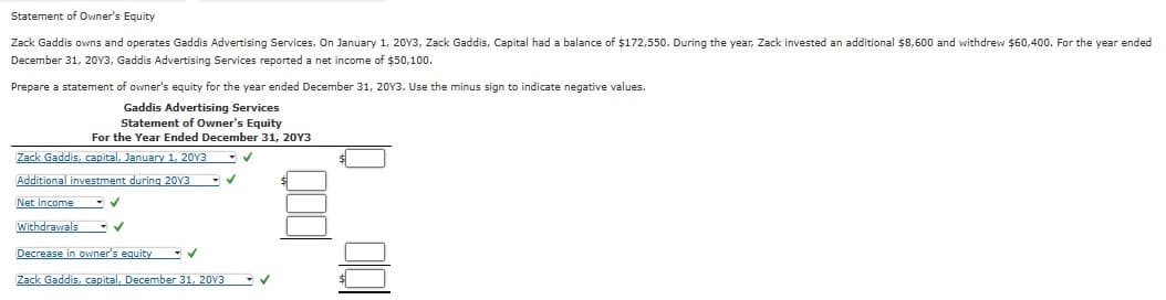 Statement Owner's Equity
Zack Gaddis owns and operates Gaddis Advertising Services. On January 1, 2013, Zack Gaddis, Capital had a balance of $172,550. During the year, Zack invested an additional $8,600 and withdrew $60,400. For the year ended
December 31, 2013, Gaddis Advertising Services reported a net income of $50,100.
Prepare a statement of owner's equity for the year ended December 31, 2013. Use the minus sign to indicate negative values.
Gaddis Advertising Services
Statement of Owner's Equity
For the Year Ended December 31, 20Y3
✓
Zack Gaddis, capital, January 1, 2013
Additional investment during 2013
Net income
Withdrawals
✓
✓
Decrease in owner's equity
Zack Gaddis, capital, December 31, 2013
✓
✓
1000
100