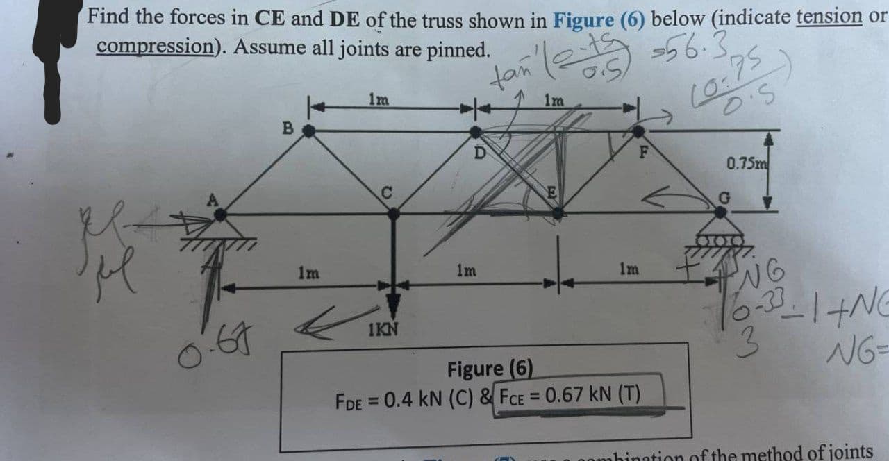 Find the forces in CE and DE of the truss shown in Figure (6) below (indicate tension or
compression).
Assume all joints are pinned.
"tan (2+5) = 56.3²
H
pe
0.67
B
1m
1m
C
1KN
1m
1m
1m
F
Figure (6)
FDE = 0.4 kN (C) & FCE = 0.67 kN (T)
10% bis
-75
0.75m
G
PNG
6-3-1+NG
3
NG=
mbination of the method of joints