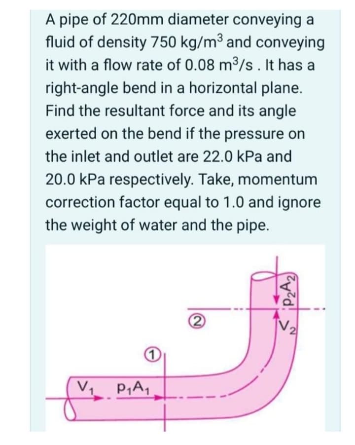 A pipe of 220mm diameter conveying a
fluid of density 750 kg/m³ and conveying
it with a flow rate of 0.08 m³/s. It has a
right-angle bend in a horizontal plane.
Find the resultant force and its angle
exerted on the bend if the pressure on
the inlet and outlet are 22.0 kPa and
20.0 kPa respectively. Take, momentum
correction factor equal to 1.0 and ignore
the weight of water and the pipe.
2)
1
V1
2)
