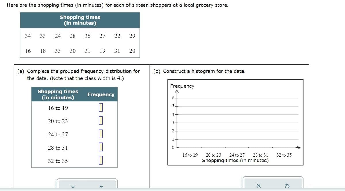 Here are the shopping times (in minutes) for each of sixteen shoppers at a local grocery store.
Shopping times
(in minutes)
34
16
33
24 28 35
18 33 30
Shopping times
(in minutes)
16 to 19
(a) Complete the grouped frequency distribution for (b) Construct a histogram for the data.
the data. (Note that the class width is 4.)
20 to 23
24 to 27
28 to 31
27 22 29
32 to 35
31 19 31 20
Frequency
0
0
0
П
0
Frequency
5-
4-
3-
2-
1-
16 to 19
20 to 23 24 to 27
28 to 31
Shopping times (in minutes)
X
32 to 35
Ś