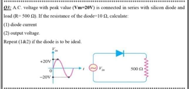 03: A.C. voltage with peak value (Vm-20v) is connected in series with silicon diode and
load (R= 500 2). If the resistance of the diode=10 2, calculate:
(1) diode current
(2) output voltage.
Repeat (1&2) if the diode is to be ideal.
+20V
s00 n
-20V
