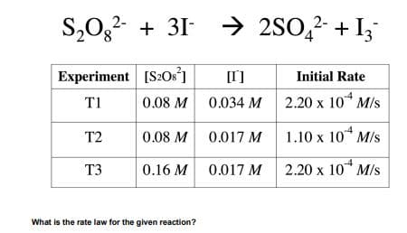 S,022- + 31 → 2SO,2 +
+I;
Experiment [S20s]
[I]
Initial Rate
T1
0.08 м 0.034м
2.20 x 10* M/s
T2
0.08 м 0.017м
1.10 x 10* M/s
-4
T3
0.16 M 0.017 M
2.20 x 10* M/s
What is the rate law for the given reaction?
