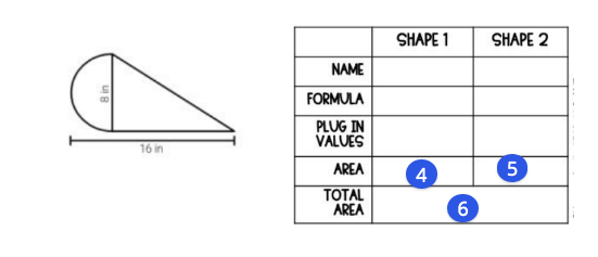 SHAPE 1
SHAPE 2
NAME
FORMULA
PLUG IN
VALUES
16 in
AREA
4
ТОTAL
AREA
6
UB
