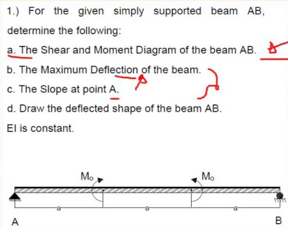 1.) For the given simply supported beam AB,
determine the following:
a. The Shear and Moment Diagram of the beam AB.
b. The Maximum Deflection of the beam.
c. The Slope at point A.
d. Draw the deflected shape of the beam AB.
El is constant.
Mo ,
Mo
A
В
