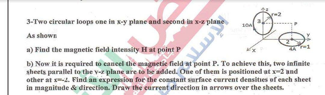 个z
r=2
3-Two circular loops one in x-y plane and second in x-z plane
3.
10A
P
As shown
a) Find the magnetic field intensity H at point P
4A r=1
b) Now it is required to cancel the magnetic field at point P. To achieve this, two infinite
sheets parallel to the y-z plane are to be added. One of them is positioned at x-2 and
other at x--2. Find an expression for the constant surface current densities of each sheet
in magnitude & direction. Draw the current direction in arrows over the sheets.
