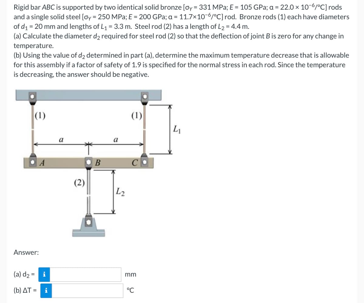 Rigid bar ABC is supported by two identical solid bronze [oy = 331 MPa; E = 105 GPa; a = 22.0 × 10-6/°C] rods
and a single solid steel [oy = 250 MPa; E = 200 GPa; a = 11.7×10-6/°C] rod. Bronze rods (1) each have diameters
of d₁ = 20 mm and lengths of L₁ = 3.3 m. Steel rod (2) has a length of L₂ = 4.4 m.
(a) Calculate the diameter d2 required for steel rod (2) so that the deflection of joint B is zero for any change in
temperature.
(b) Using the value of d2 determined in part (a), determine the maximum temperature decrease that is allowable
for this assembly if a factor of safety of 1.9 is specified for the normal stress in each rod. Since the temperature
is decreasing, the answer should be negative.
(1)
Answer:
(a) d₂ = i
(b) AT = i
a
(2)
B
a
L2
(1)
с.
mm
°℃
L₁