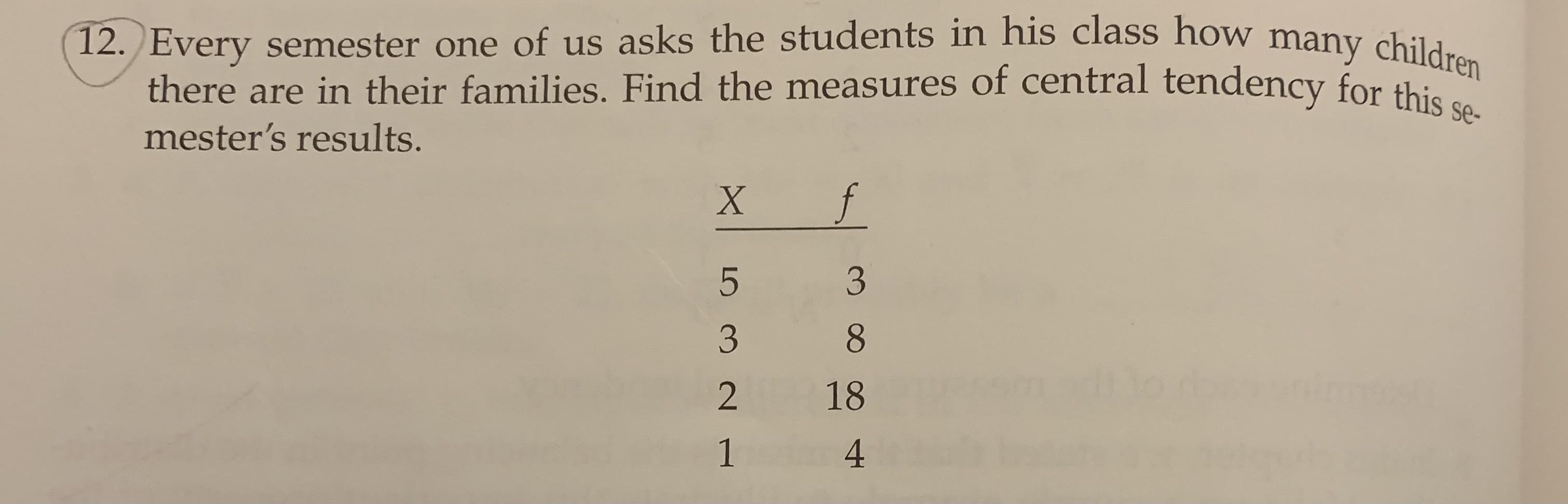 12. Every semester one of us asks the students in his class how many children
there are in their families. Find the measures of central tendency for this
mester's results.
8.
18
1
4
3.
