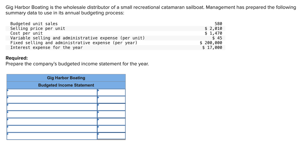 Gig Harbor Boating is the wholesale distributor of a small recreational catamaran sailboat. Management has prepared the following
summary data to use in its annual budgeting process:
Budgeted unit sales
Selling price per unit
Cost per unit
Variable selling and administrative expense (per unit)
Fixed selling and administrative expense (per year)
Interest expense for the year
Required:
Prepare the company's budgeted income statement for the year.
Gig Harbor Boating
Budgeted Income Statement
580
$ 2,010
$ 1,470
$45
$ 200,000
$ 17,000