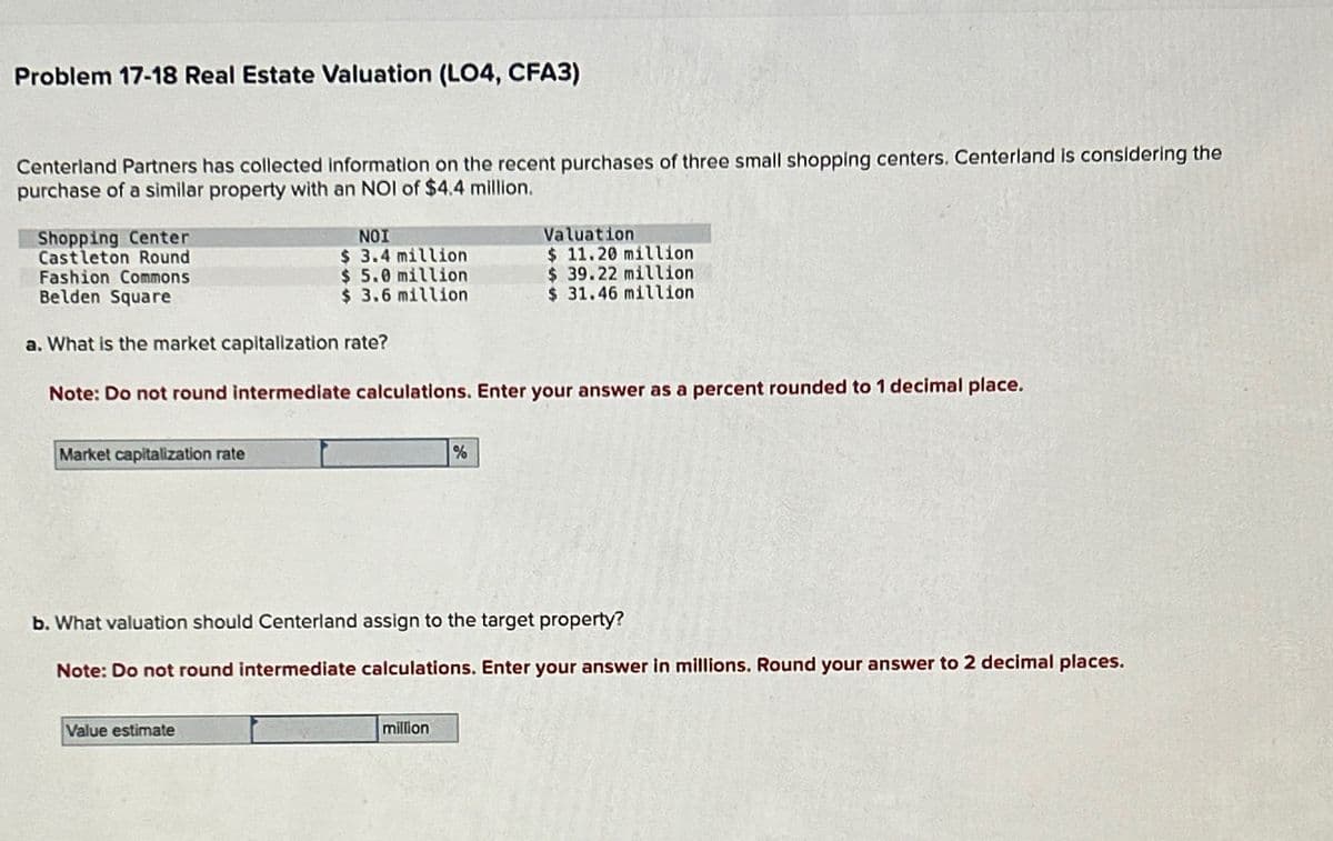 Problem 17-18 Real Estate Valuation (LO4, CFA3)
Centerland Partners has collected information on the recent purchases of three small shopping centers. Centerland is considering the
purchase of a similar property with an NOI of $4.4 million.
Shopping Center
Castleton Round
Fashion Commons
Belden Square
Valuation
NOI
$ 3.4 million
$ 11.20 million
$ 5.0 million
$ 39.22 million
$ 3.6 million
$ 31.46 million
a. What is the market capitalization rate?
Note: Do not round intermediate calculations. Enter your answer as a percent rounded to 1 decimal place.
Market capitalization rate
%
b. What valuation should Centerland assign to the target property?
Note: Do not round intermediate calculations. Enter your answer in millions. Round your answer to 2 decimal places.
Value estimate
million