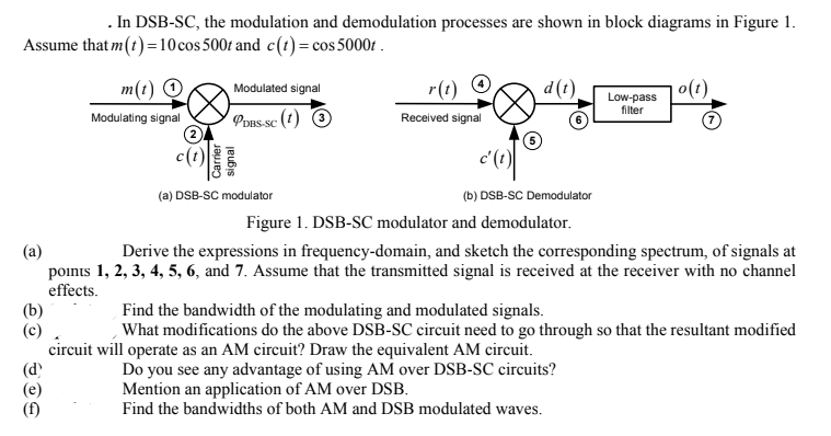 Assume that m(t) = 10 cos 500t and c(t) = cos 5000t
. In DSB-SC, the modulation and demodulation processes are shown in block diagrams in Figure 1.
(b)
(c)
(d)
(e)
m(1)
Modulating signal
²0
Modulated signal
PDBS-SC (1)
Carrier
signal
r(t) 4
(a) DSB-SC modulator
Received signal
d (t)
c'(t)
(b) DSB-SC Demodulator
Figure 1. DSB-SC modulator and demodulator.
(a)
Derive the expressions in frequency-domain, and sketch the corresponding spectrum, of signals at
points 1, 2, 3, 4, 5, 6, and 7. Assume that the transmitted signal is received at the receiver with no channel
effects.
Low-pass
filter
o(t)
Find the bandwidth of the modulating and modulated signals.
What modifications do the above DSB-SC circuit need to go through so that the resultant modified
circuit will operate as an AM circuit? Draw the equivalent AM circuit.
Do you see any advantage of using AM over DSB-SC circuits?
Mention an application of AM over DSB.
Find the bandwidths of both AM and DSB modulated waves.