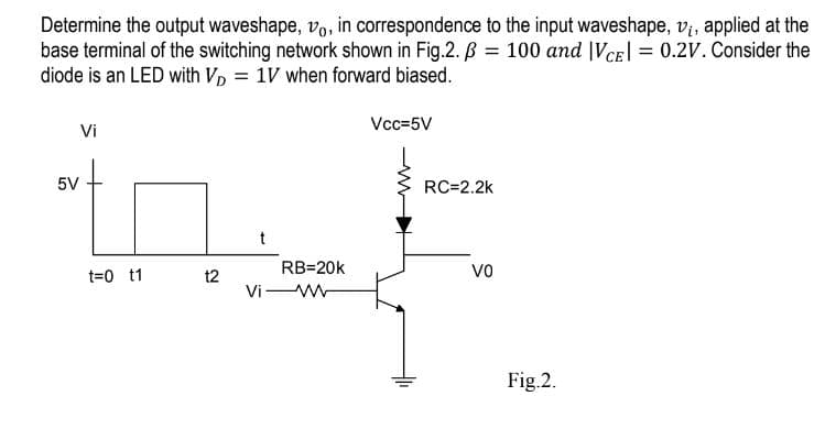 Determine the output waveshape, 1o, in correspondence to the input waveshape, v₁, applied at the
base terminal of the switching network shown in Fig.2. ß = 100 and |VCE| = 0.2V. Consider the
diode is an LED with VD = 1V when forward biased.
5V
Vi
t=0 t1
t2
t
RB=20k
Vi W
Vcc=5V
RC=2.2k
VO
Fig.2.