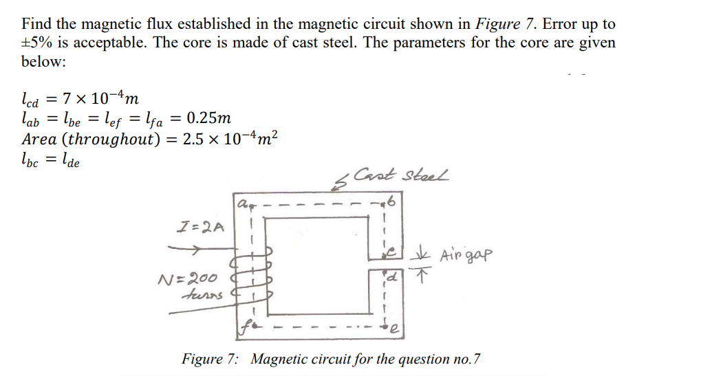 Find the magnetic flux established in the magnetic circuit shown in Figure 7. Error up to
+5% is acceptable. The core is made of cast steel. The parameters for the core are given
below:
led = 7 x 10-4m
lab
= lbe = lef = lfa
Area (throughout) = 2.5 × 10-4m²
lbc = lde
= 0.25m
Cast steel
I=2A
ek Air gap
N=200 ¢
turns 4
Figure 7: Magnetic circuit for the question no.7
