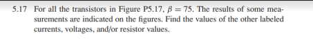 5.17 For all the transistors in Figure P5.17, B = 75. The results of some mea-
surements are indicated on the figures. Find the values of the other labeled
currents, voltages, and/or resistor values.