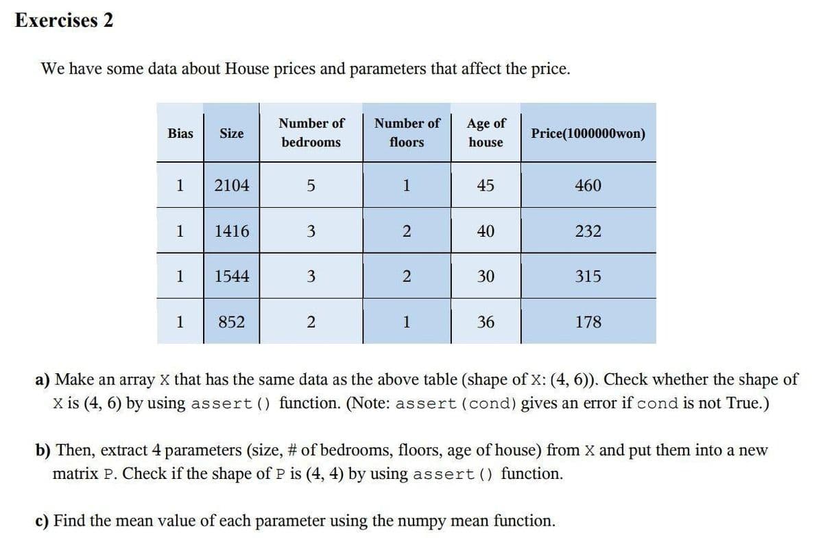 Exercises 2
We have some data about House prices and parameters that affect the price.
Bias
1
1
1
1
Size
2104
1416
1544
852
Number of
bedrooms
5
3
Number of
floors
1
2
2
1
Age of
house
45
40
30
36
Price(1000000won)
460
232
315
178
a) Make an array X that has the same data as the above table (shape of X: (4, 6)). Check whether the shape of
X is (4, 6) by using assert () function. (Note: assert (cond) gives an error if cond is not True.)
b) Then, extract 4 parameters (size, # of bedrooms, floors, age of house) from X and put them into a new
matrix P. Check if the shape of P is (4, 4) by using assert () function.
c) Find the mean value of each parameter using the numpy mean function.