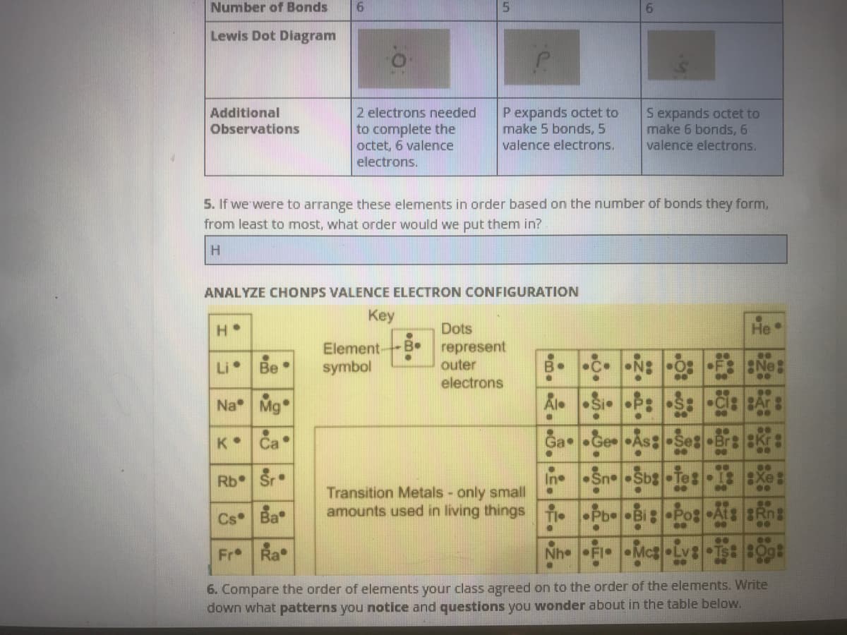 Number of Bonds
Lewis Dot Diagram
Additional
Observations
2 electrons needed
to complete the
octet, 6 valence
P expands octet to
make 5 bonds, 5
Sexpands octet to
make 6 bonds, 6
valence electrons.
valence electrons.
electrons.
5. If we were to arrange these elements in order based on the number of bonds they form,
from least to most, what order would we put them in?
H.
ANALYZE CHONPS VALENCE ELECTRON CONFIGURATION
Key
Dots
represent
outer
electrons
He
Element-
symbol
B•
..
Li Be
B•
•C•
Na Mg
Ca
Ga
•GeAs Ses Br: Kr:
In
Transition Metals - only small
amounts used in living things . i
Rb Sr
•Sn •
Te: 1 EXe:
..
Cs Ba
..
Fr
Ra
Nh FI Mc Lv Ts: B0g
6. Compare the order of elements your class agreed on to the order of the elements. Write
down what patterns you notice and questions you wonder about in the table below.
8し8 ウ 1
