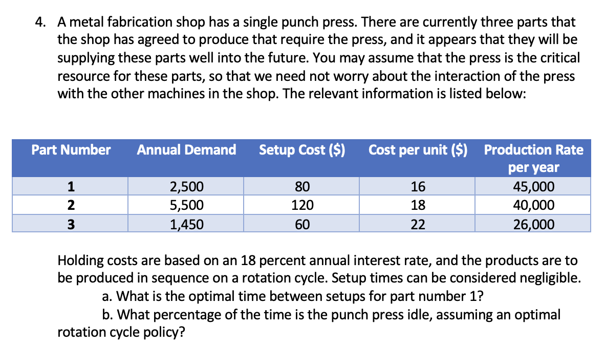 4. A metal fabrication shop has a single punch press. There are currently three parts that
the shop has agreed to produce that require the press, and it appears that they will be
supplying these parts well into the future. You may assume that the press is the critical
resource for these parts, so that we need not worry about the interaction of the press
with the other machines in the shop. The relevant information is listed below:
Part Number
Annual Demand
Setup Cost ($)
Cost per unit ($) Production Rate
per year
1
2,500
80
16
45,000
2
3
5,500
120
18
40,000
1,450
60
22
26,000
Holding costs are based on an 18 percent annual interest rate, and the products are to
be produced in sequence on a rotation cycle. Setup times can be considered negligible.
a. What is the optimal time between setups for part number 1?
b. What percentage of the time is the punch press idle, assuming an optimal
rotation cycle policy?