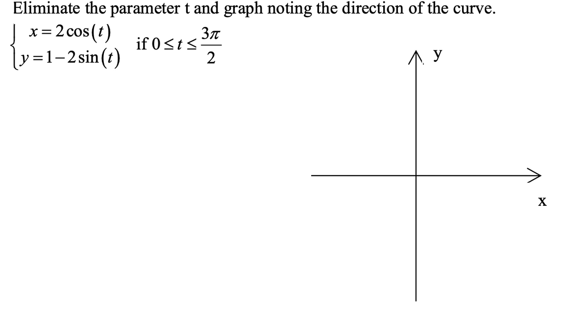 Eliminate the parameter t and graph noting the direction of the curve.
x = 2 cos(t)
\y=1-2sin(t)
if 0 <t <
2
y
|
X
