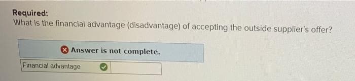 Required:
What is the financial advantage (disadvantage) of accepting the outside supplier's offer?
Answer is not complete.
Financial advantage