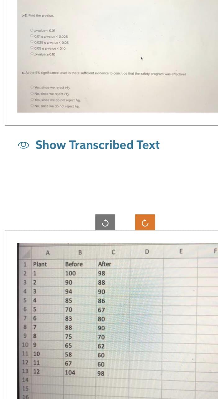 b-2. Find the p-value.
Op-value <0.01
O 0.01 s p-value < 0.025
O 0.025 s p-value < 0.05
c. At the 5% significance level, is there sufficient evidence to conclude that the safety program was effective?
10 11 12 18 16 15
0.05 s p-value <0.10
Op-value a 0.10
O Yes, since we reject Ho
O No, since we reject Ho
O Yes, since we do not reject Ho
O No, since we do not reject Ho
1 Plant
21
3
2
4 3
54
6 5
7 6
8 7
98
Show Transcribed Text
14
10 9
16
11 10
12 11
13 12
A
B
Before
100
90
94
85
70
83
88
75
65
58
67
104
5
C
After
98
88
90
86
67
80
90
70
62
60
60
98
S
D
E
F
