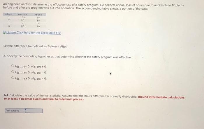 An engineer wants to determine the effectiveness of a safety program. He collects annual loss of hours due to accidents in 12 plants
before and after the program was put into operation. The accompanying table shows a portion of the data.
Plant
1
2
:
Before
100
90
1
83
After
98
88
+
60
picture Click here for the Excel Data File
Let the difference be defined as Before - After.
Test statistic
a. Specify the competing hypotheses that determine whether the safety program was effective.
ⒸHO: HD=0; HA HD*O
Ho: HD 0; HA HD> 0
ⒸHO: HD 20: HA HD <0
b-1. Calculate the value of the test statistic. Assume that the hours difference is normally distributed. (Round intermediate calculations
to at least 4 decimal places and final to 3 decimal places.)