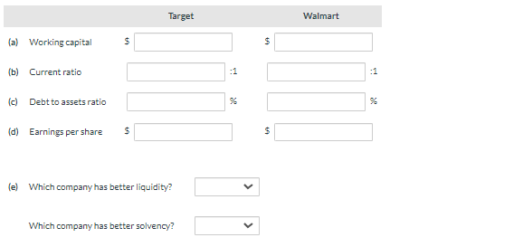 (a) Working capital
(b) Current ratio
Debt to assets ratio
$
(d) Earnings per share $
Target
(e) Which company has better liquidity?
Which company has better solvency?
:1
<
$
$
Walmart
:1